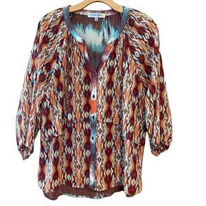 Figueroa & Flower M Turquoise Orange Aztec Ornate Design BOHO Flowy Light Blouse